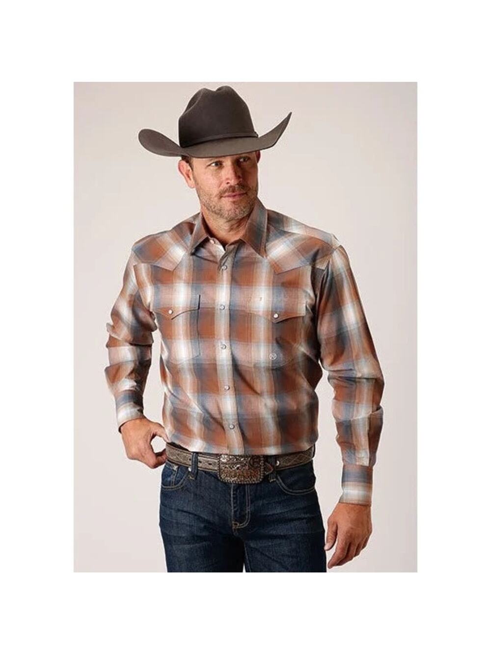 Roper Men's Pearl Snap Amarillo Plaid Shirt XL Cream Orange